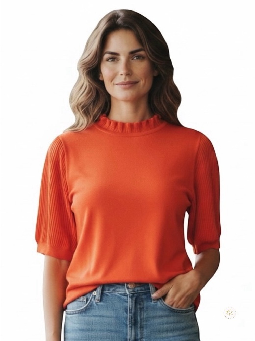 Adrianna Papell | Bright Orange Ruffle Neck | Short Sleeve Ribbed Top | Blouse
